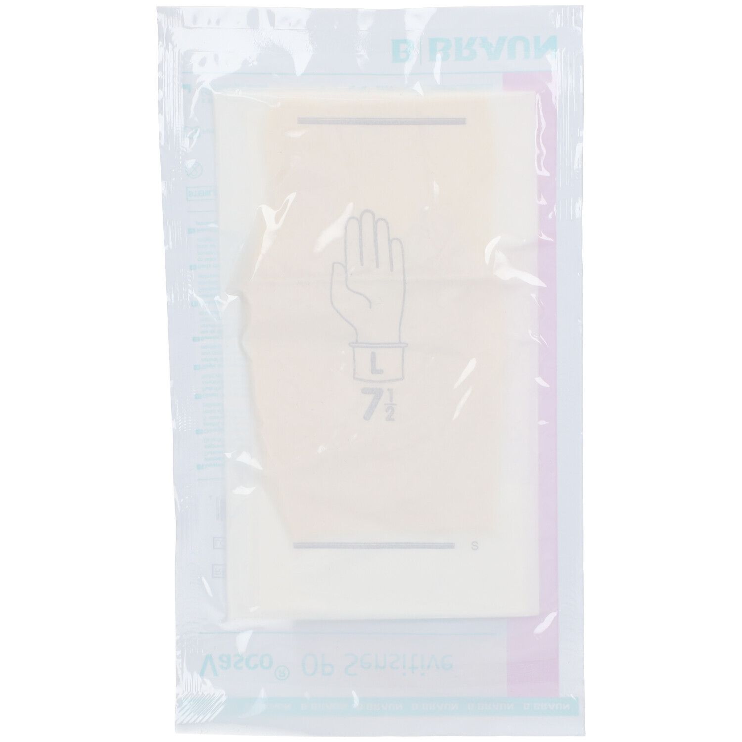 Operatiehandschoen in folieverpakking. Hand-symbool met maat 7,5. Transparant materiaal.