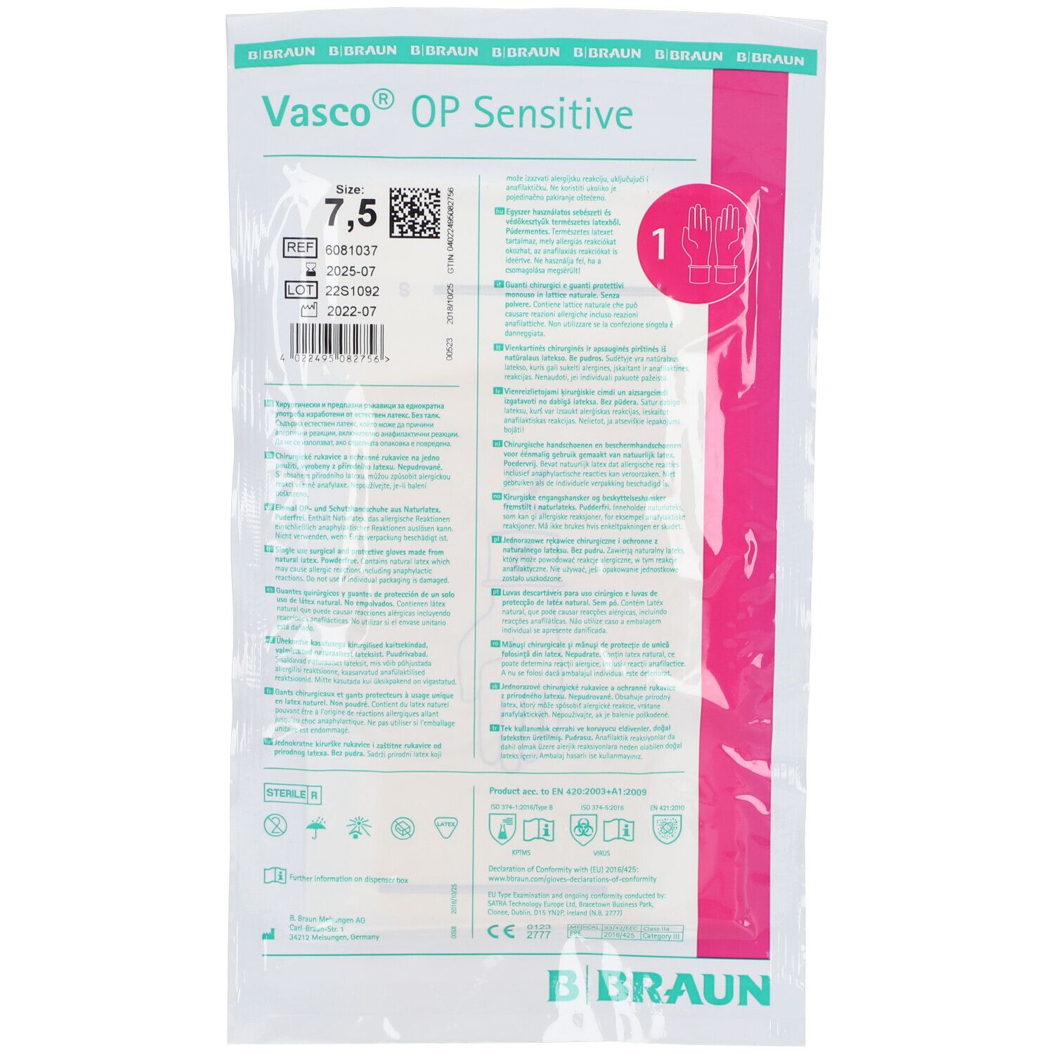 Verpakking van Vasco® OP Sensitive, maat 7,5. Productnaam, maat, lotnummer en houdbaarheidsdatum.