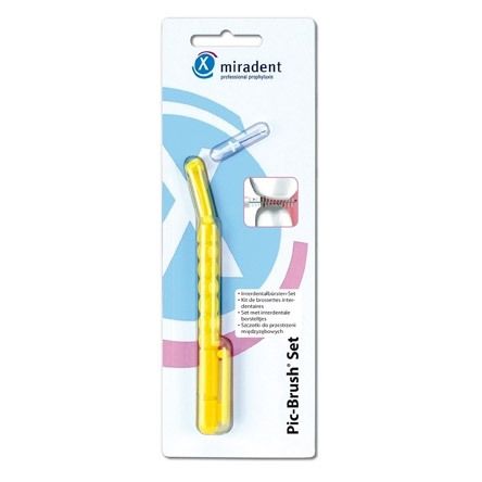 Gele Pic-Brush Set, x-fine, transparant. Op blisterverpakking. Miradent logo en productnaam zichtbaar.
