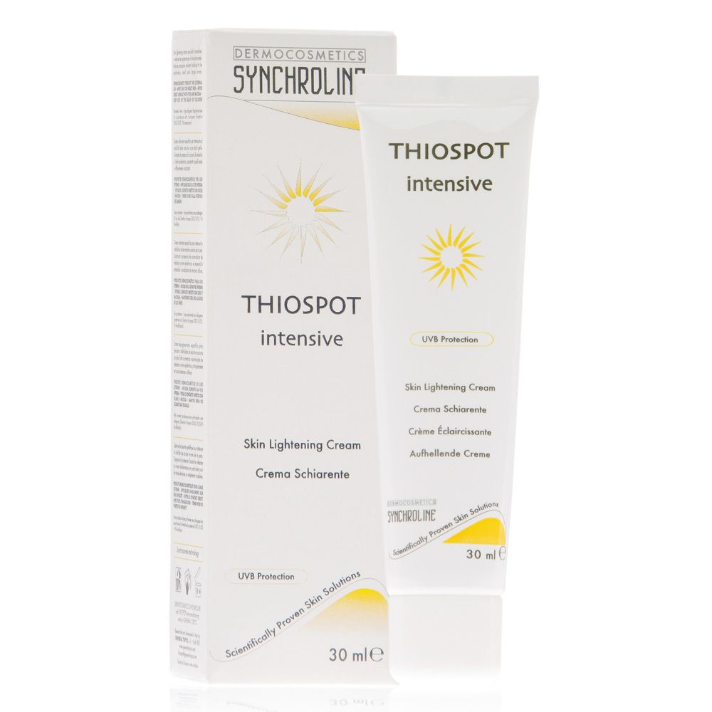 Crème et emballage. SYNCHROLINE THIOSPOT intensive. Tube et boîte de 30 ml. Crème éclaircissante.