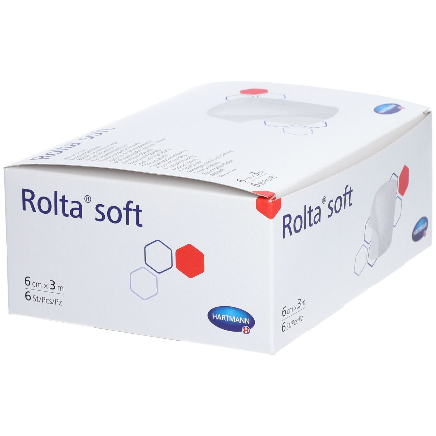 Boîte blanche avec nom du produit Rolta soft et logo Hartmann. Contient 6 pièces. Taille : 6 cm x 3 m. Vue de l'emballage.