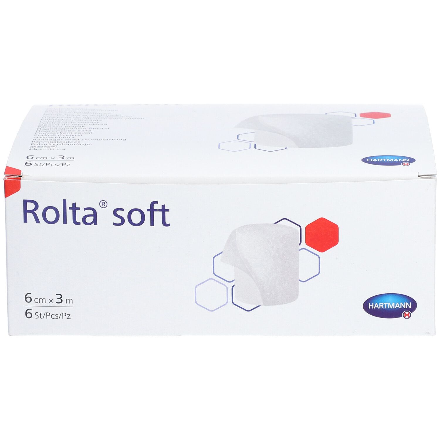 Boîte blanche avec nom du produit Rolta soft et logo Hartmann. Contient 6 pièces. Taille : 6 cm x 3 m. Illustration d'un bandage.