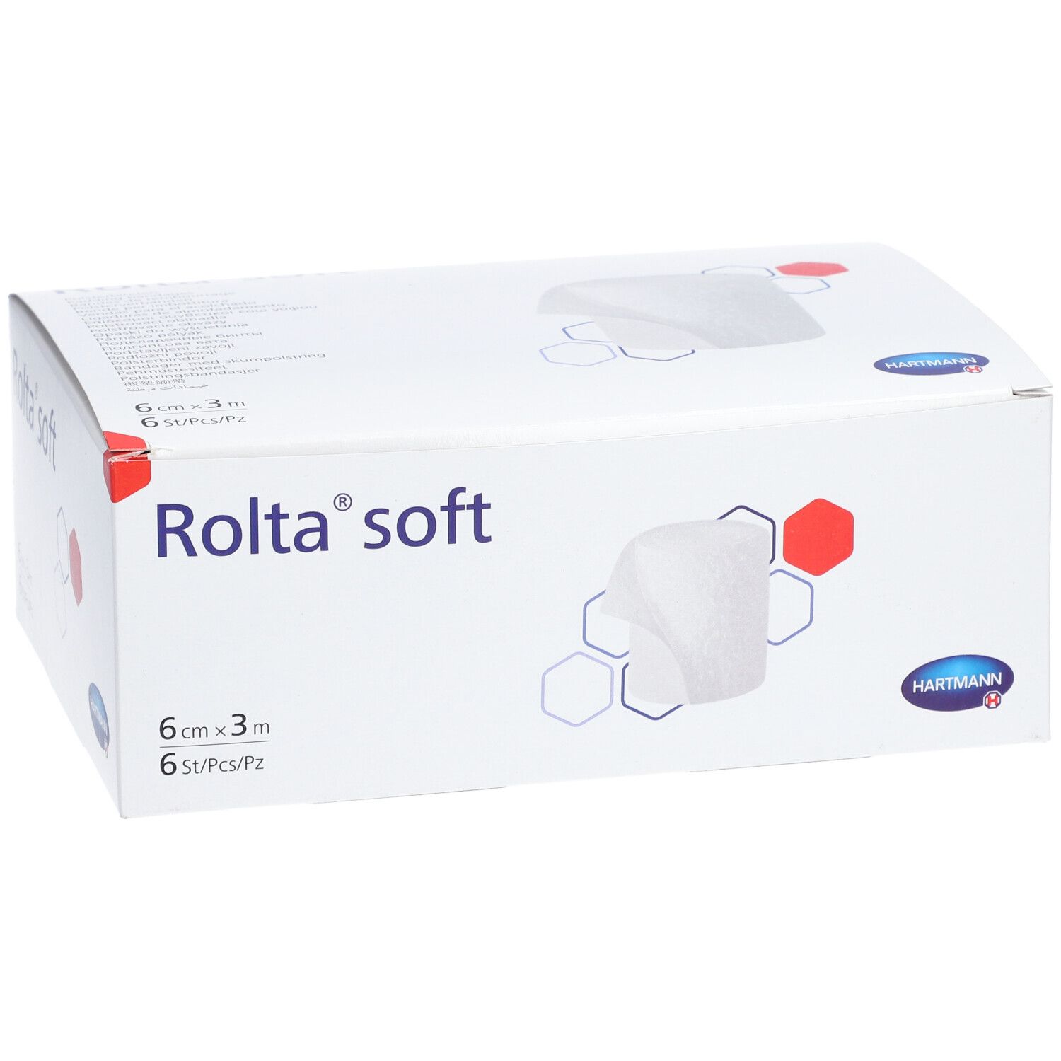 Boîte blanche avec nom du produit Rolta soft et logo Hartmann. Contient 6 pièces. Taille : 6 cm x 3 m. Vue de l'emballage.