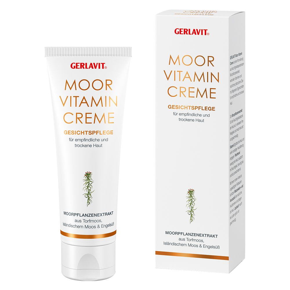 GERLAVIT Moor Vitamin Creme. Tube et emballage. Inscription et logo. Soin du visage pour peaux sensibles et sèches.