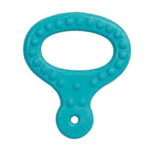 Turquoise bijtring met handvat en ovale vorm. Oppervlak met noppen. Gat aan het uiteinde van het handvat.