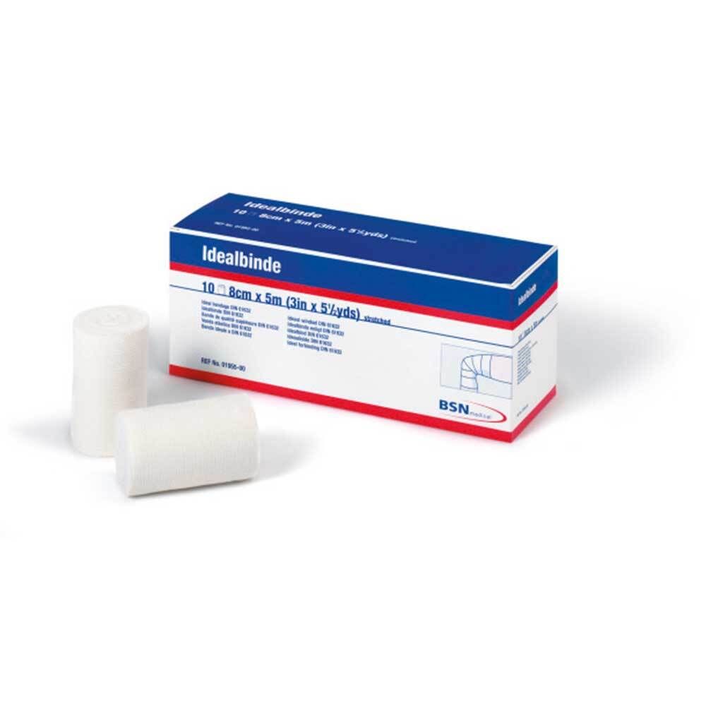 Boîte Idealbinde avec deux rouleaux de bandage. Boîte bleue et blanche avec nom du produit et taille. Logo BSN.
