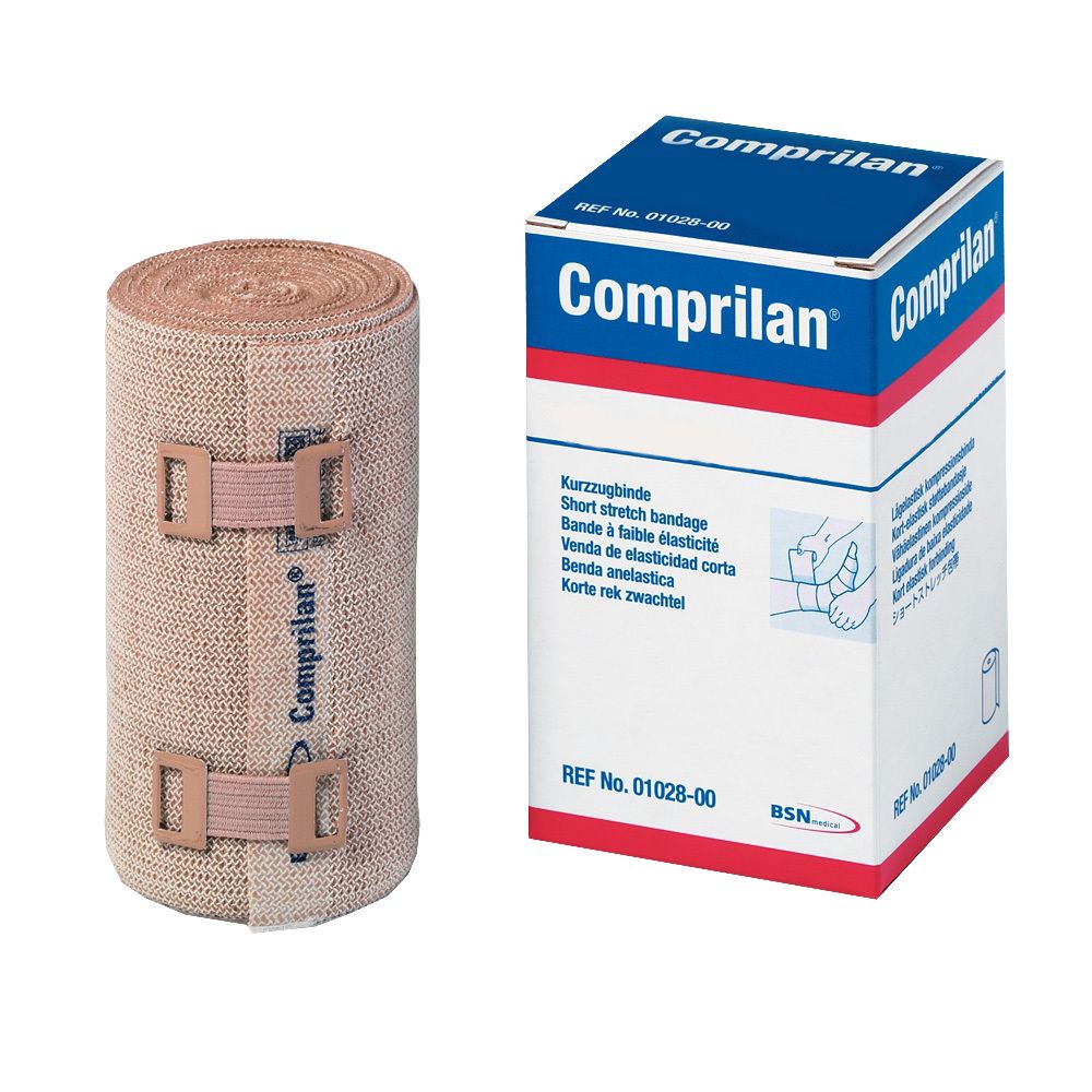 Bande élastique beige avec fermetures velcro. À côté, un emballage avec le nom du produit et des informations.