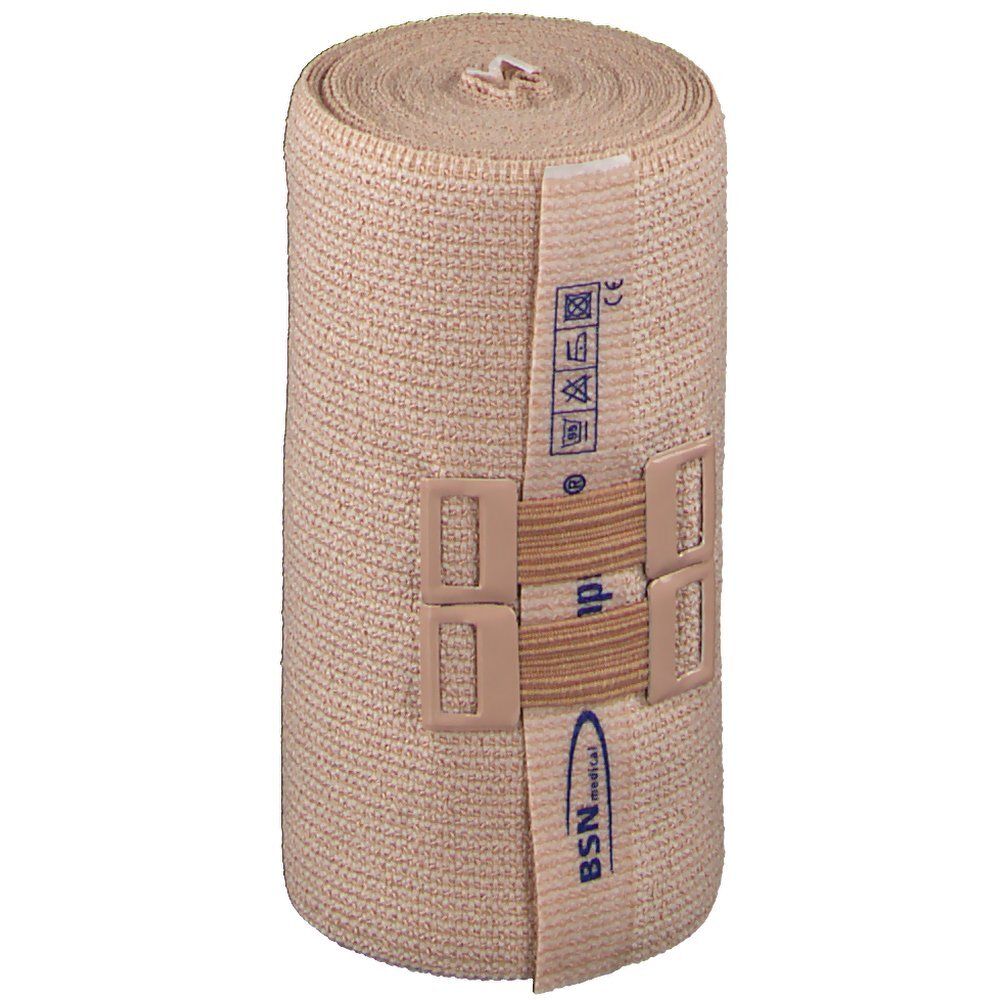 Bande de compression beige enroulée. Avec fermeture et instructions d'entretien. Logo BSN Medical.