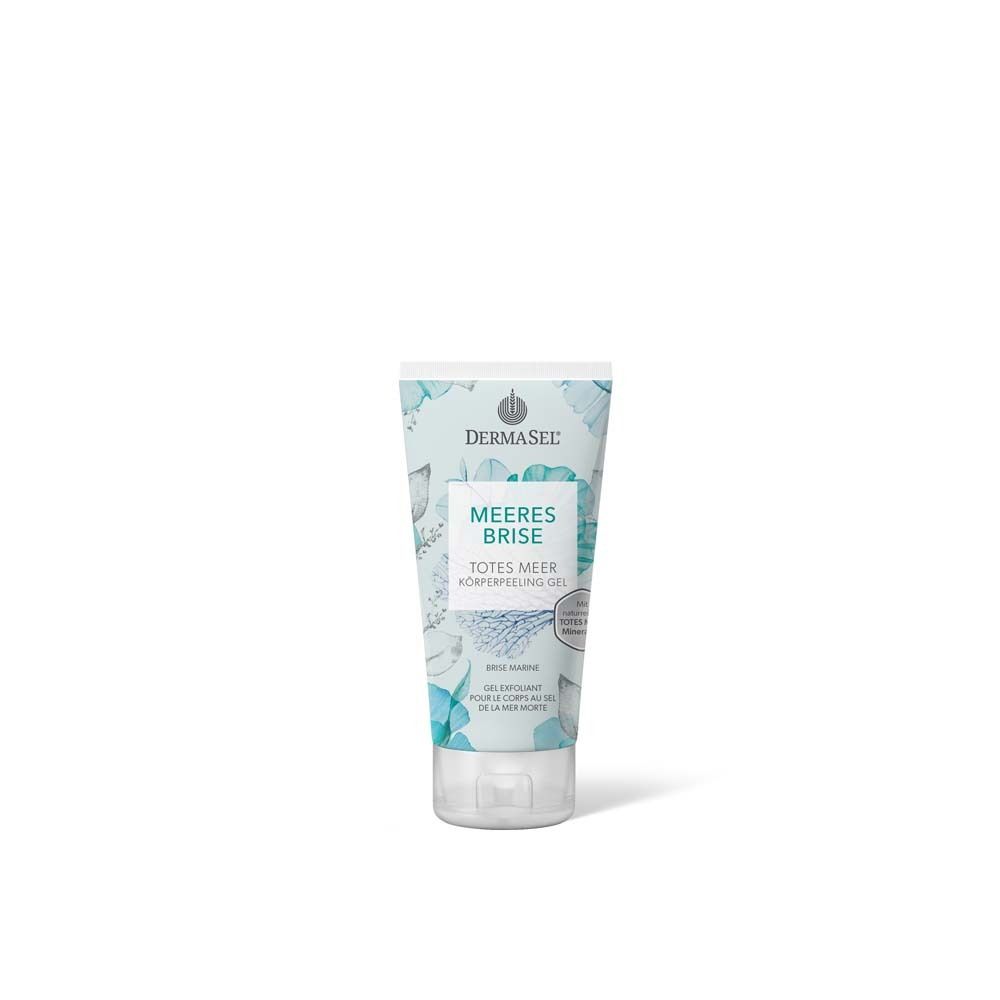 Tube de gel exfoliant DERMASEL. Inscription : Meeresbrise, Totes Meer Körperpeeling Gel.