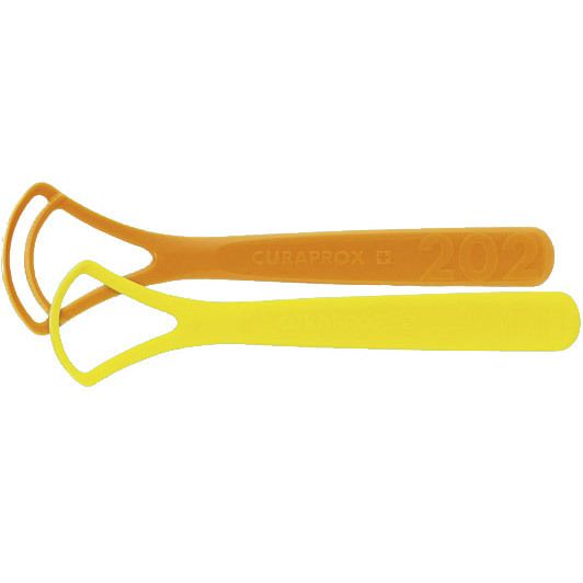 Deux grattoirs linguaux, orange et jaune. Manche avec texte. Tête arrondie.