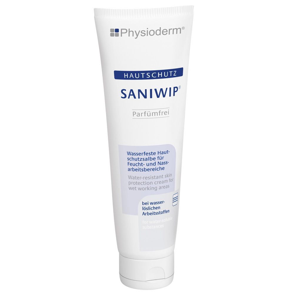 Tube blanc avec bouchon bleu. Inscription: SANIWIP, protection cutanée. Texte: Crème de protection résistante à l'eau pour zones humides et mouillées.