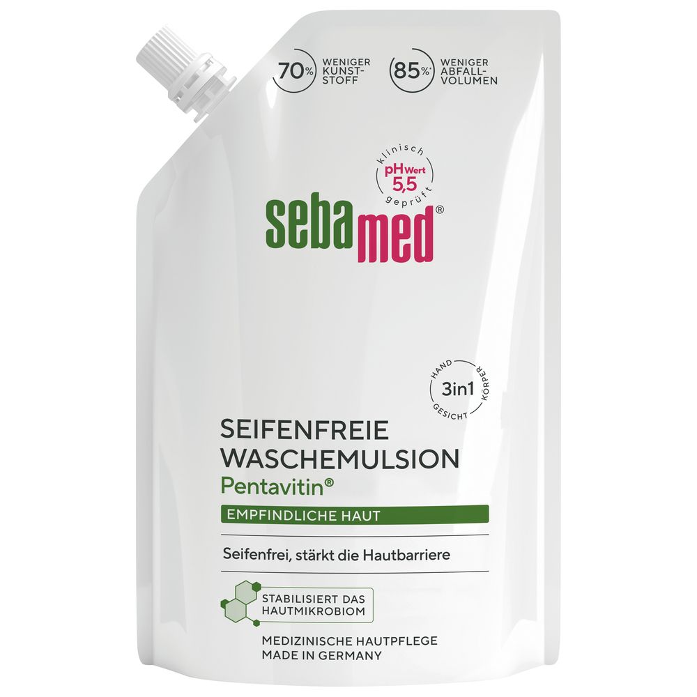 Pochette de recharge pour émulsion lavante sans savon, 70% de plastique en moins, pH 5,5.