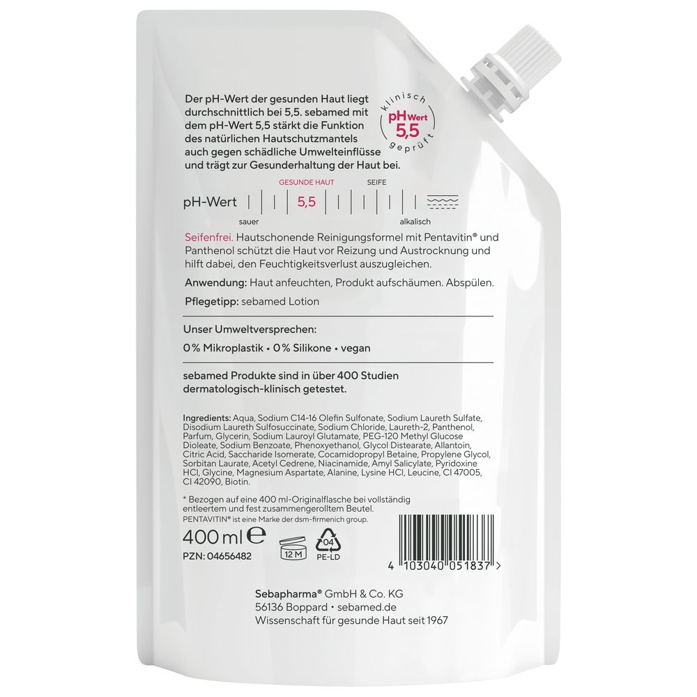 Pochette de recharge pour émulsion lavante liquide avec Pentavitin, pour peaux sensibles.