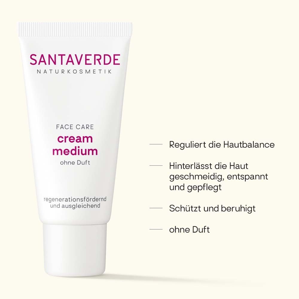 Tube blanche avec logo SANTAVERDE et inscription "FACE CARE cream medium sans parfum". Texte à côté.