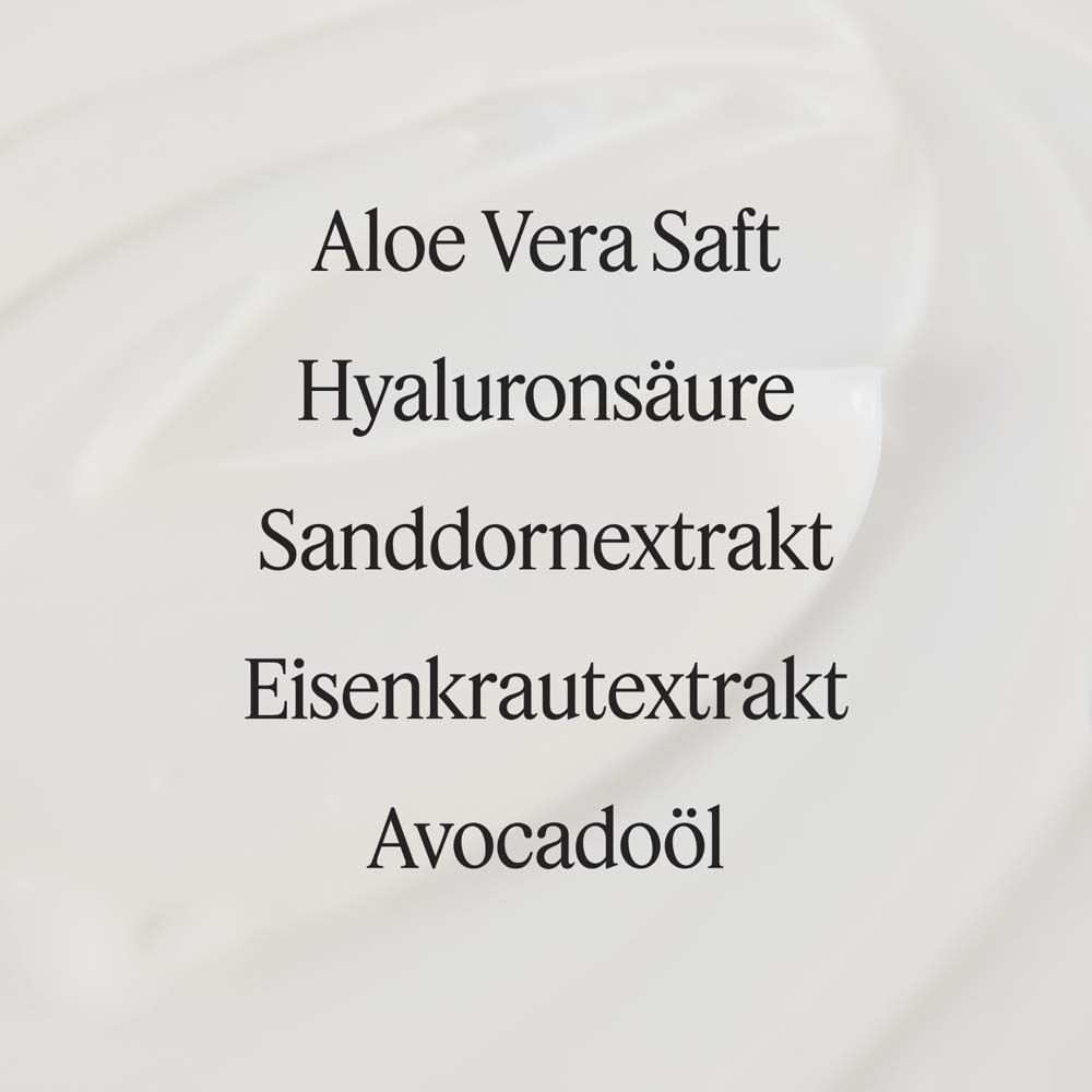 Texte: Jus d'Aloe Vera, Acide hyaluronique, Extrait d'argousier, Extrait de verveine, Huile d'avocat.