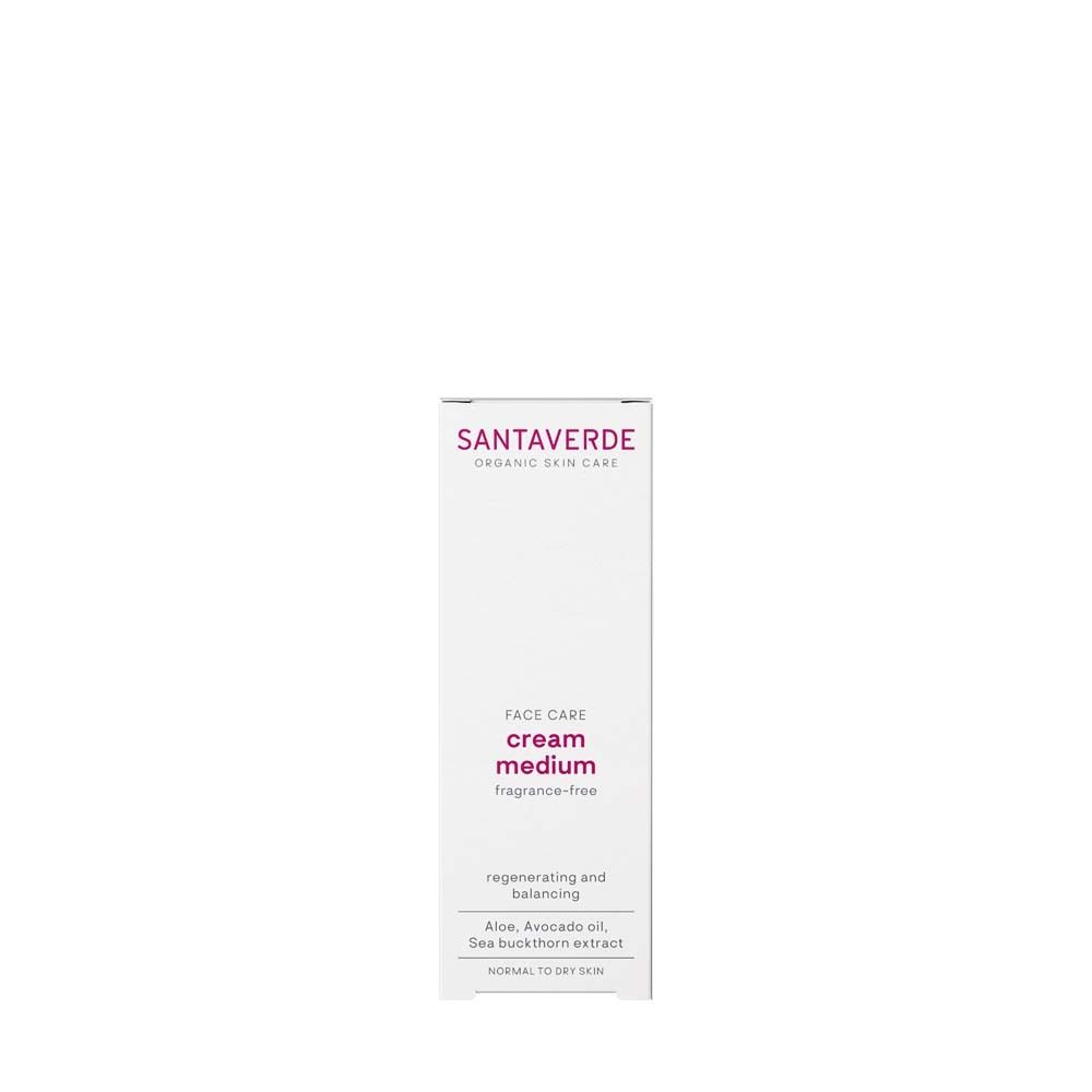 Boîte blanche avec logo SANTAVERDE et inscription "FACE CARE cream medium sans parfum".