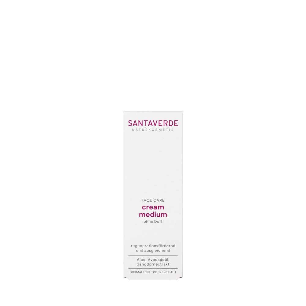 Boîte blanche avec logo SANTAVERDE et inscription "FACE CARE cream medium sans parfum".