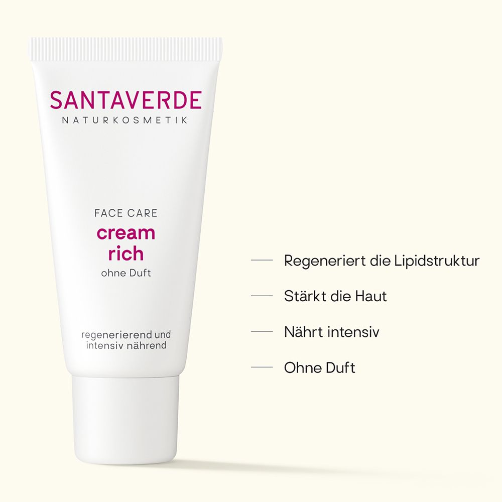SANTAVERDE Aloe Vera Crème rich zonder geur met productkenmerken.