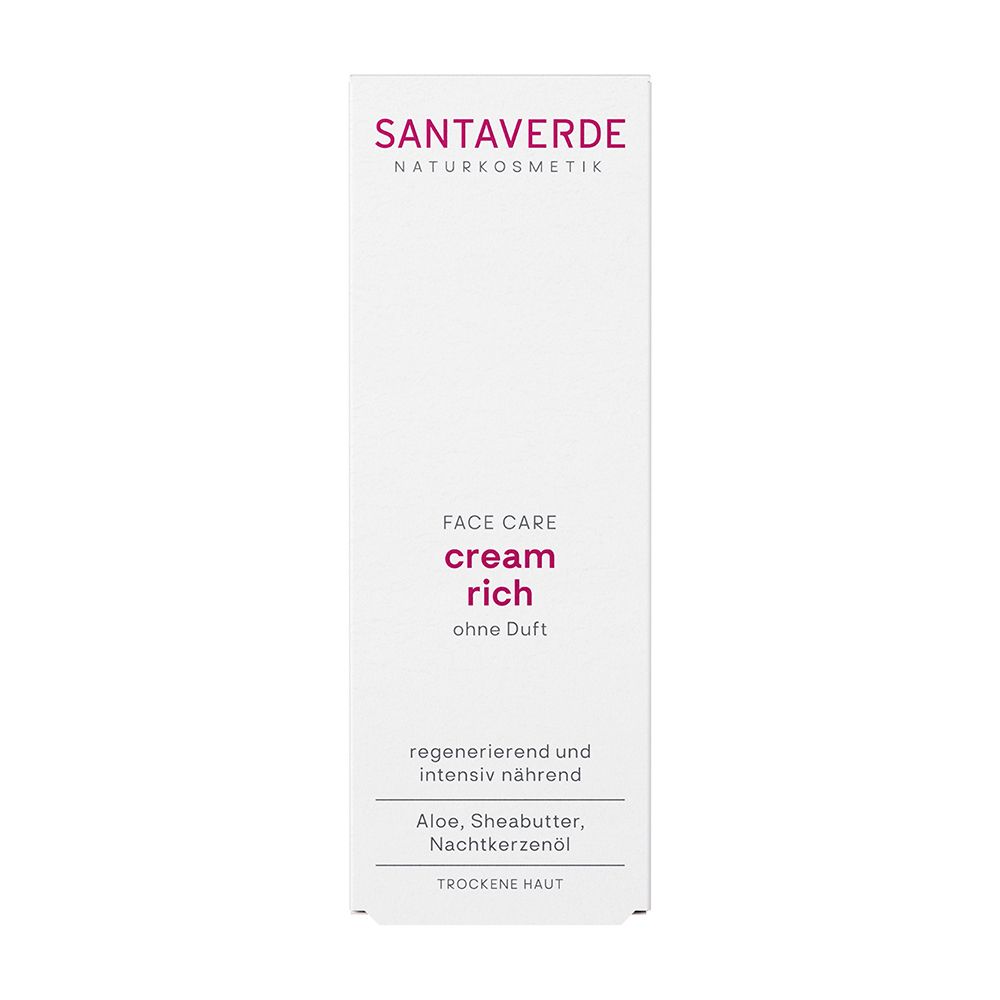 Verpakking: SANTAVERDE Aloe Vera Crème rich zonder geur, met ingrediënten.