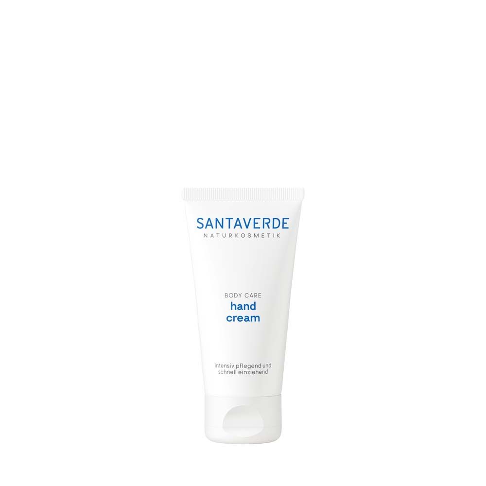 Tube blanche de crème pour les mains SANTAVERDE. Inscription bleue. Nom du produit et texte : Body Care, hand cream, soin intensif.
