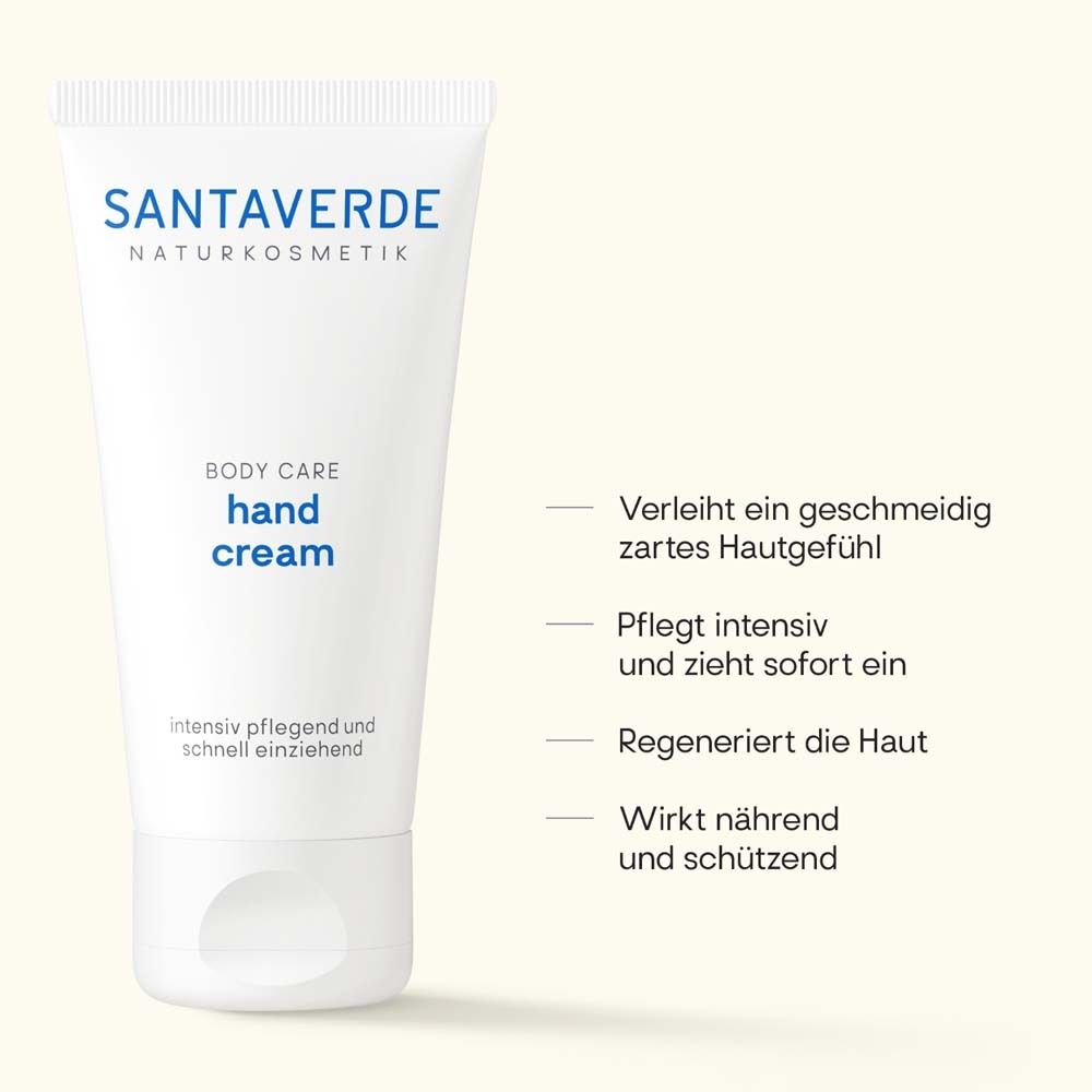 Tube blanc de crème pour les mains SANTAVERDE. Texte : Body Care, hand cream, soin intensif et absorption rapide. Ligne de texte avec propriétés.