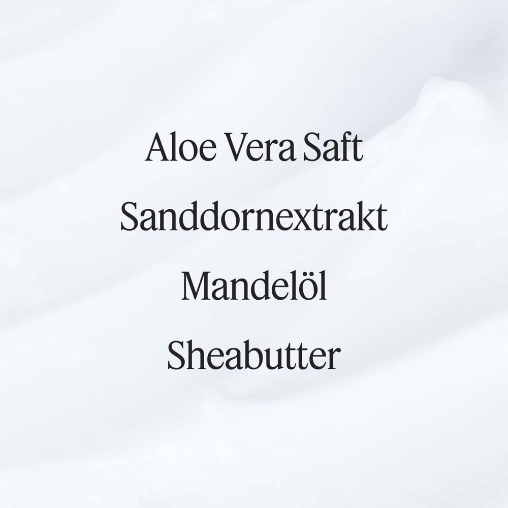 Texte sur fond blanc : Jus d'Aloe Vera, Extrait d'argousier, Huile d'amande, Beurre de karité.