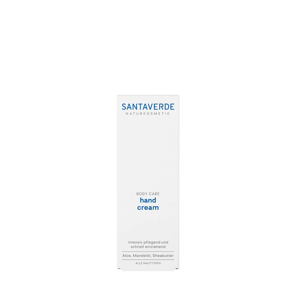 Emballage blanc de crème pour les mains SANTAVERDE. Texte : Body Care, hand cream, soin intensif et absorption rapide. Aloe, Amande, Karité.