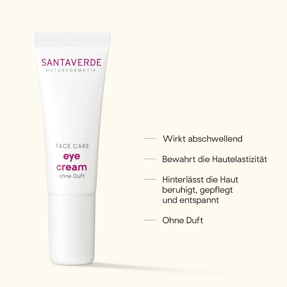 Tube 'eye cream' met tekst: Werkt ontzwellend, behoudt elasticiteit, zonder parfum.