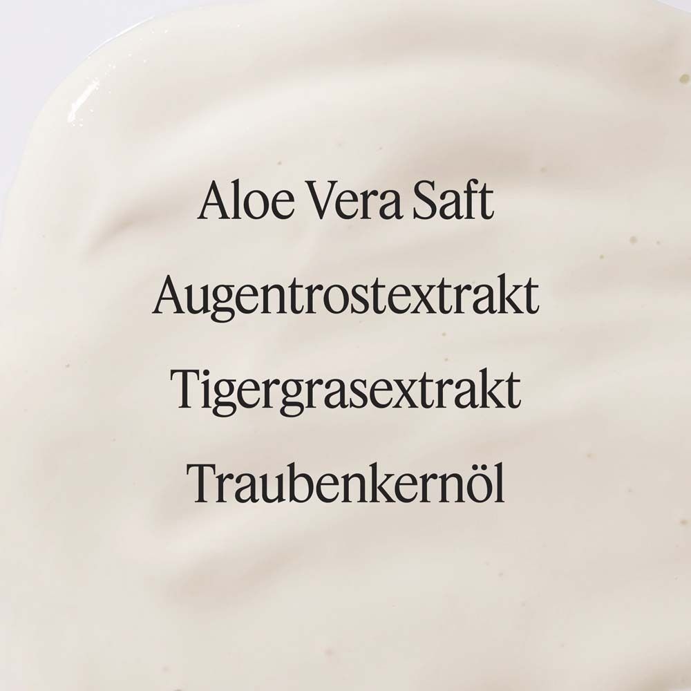 Crème met ingrediënten: Aloë Vera sap, ogentroostextract, tijgergrasextract, druivenpitolie.