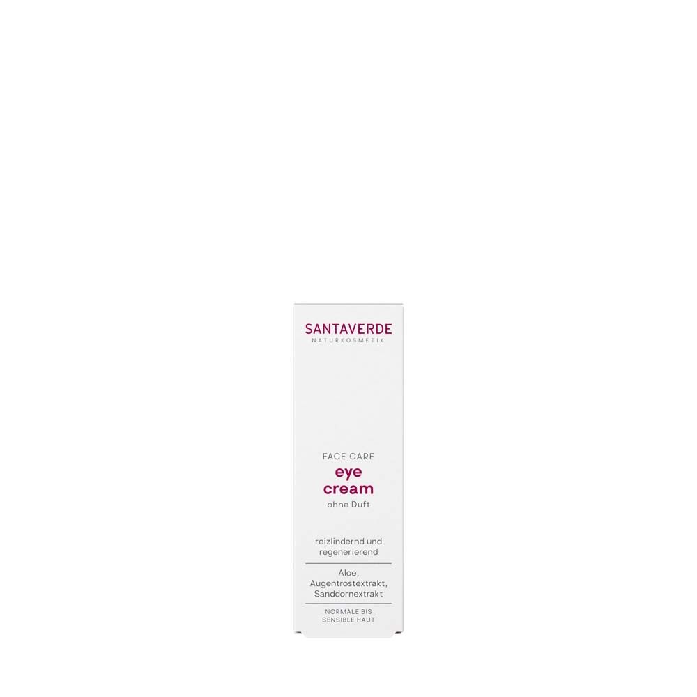 Doos 'eye cream' met logo SANTAVERDE. Tekst: verzachtend en regenererend.