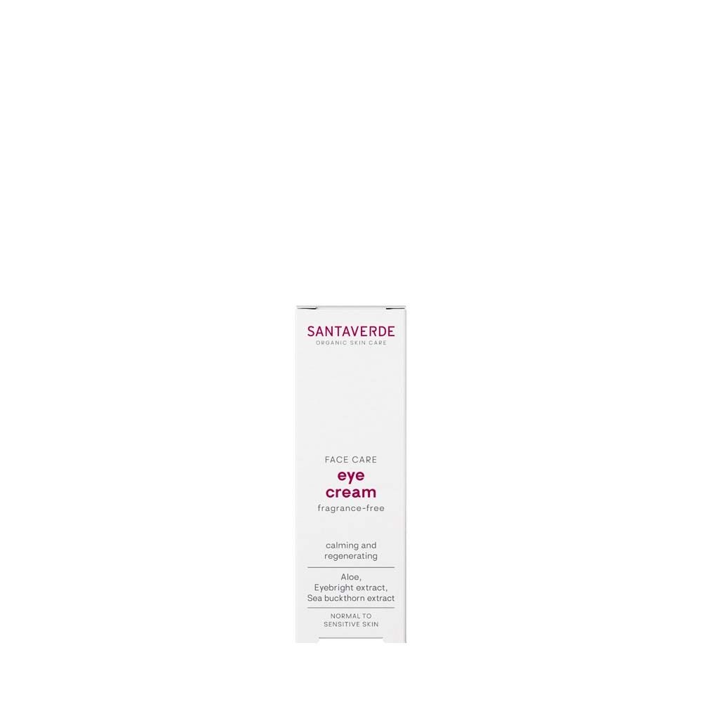 Doos 'eye cream' met logo SANTAVERDE. Tekst: parfumvrij, kalmerend en regenererend.