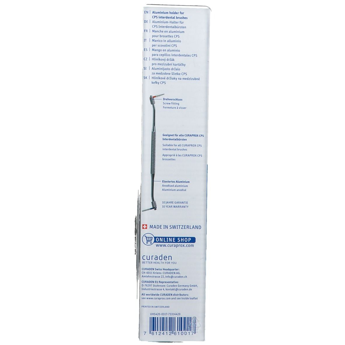 Verpakking voor houder duo UHS 420. Tekst: CURAPROX, Swiss Premium Oral Care. Gemaakt in Zwitserland.