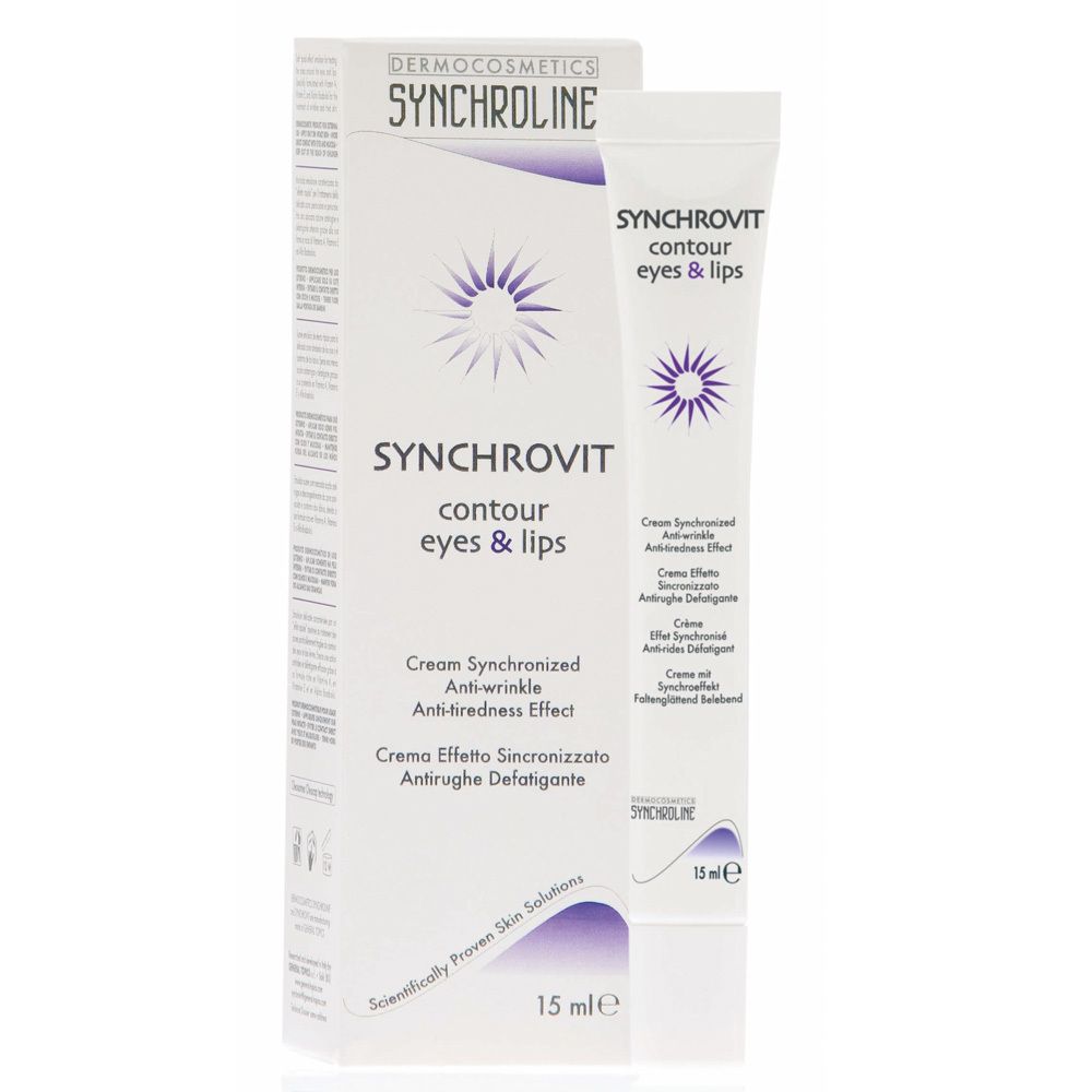 Emballage et tube SYNCHROLINE contour eyes & lips. Inscription: SYNCHROVIT contour eyes & lips. 15 ml.