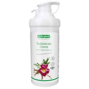 Witte fles met pomp. Opschrift: Bergland Teufelskralle Creme. Afbeelding van een bloem.