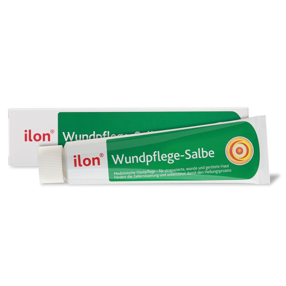 Tube et boîte de ilon® Wundpflege-Salbe. Design vert et blanc, nom du produit et logo visibles.