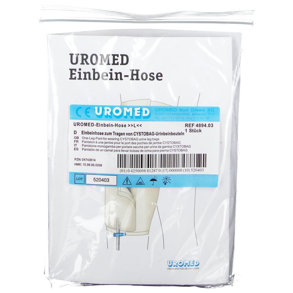 UROMED Einbein-Hose Gr. L in verpakking. Productinformatie en CE-markering zichtbaar.
