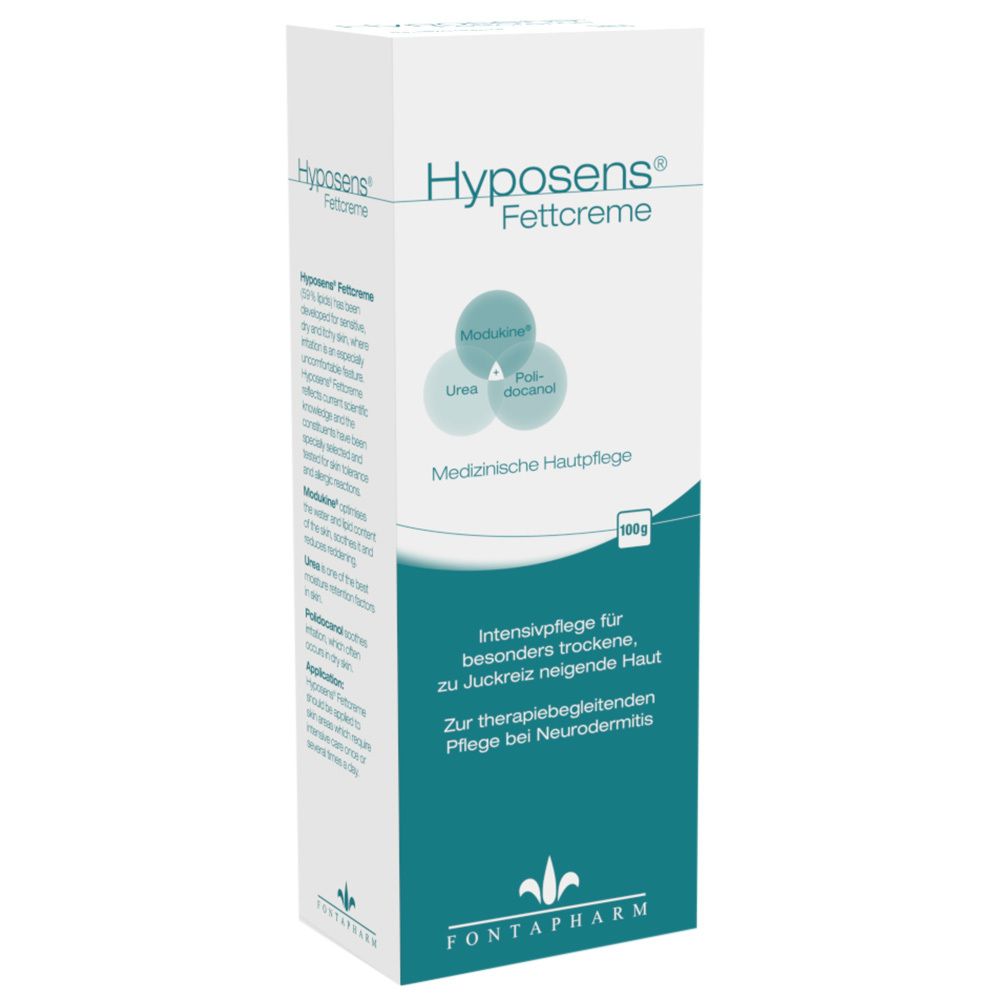 Boîte pliante blanche avec impression Hyposens Fettcreme. Texte : Soin médical de la peau, 100g. Logo : Fontapharm.