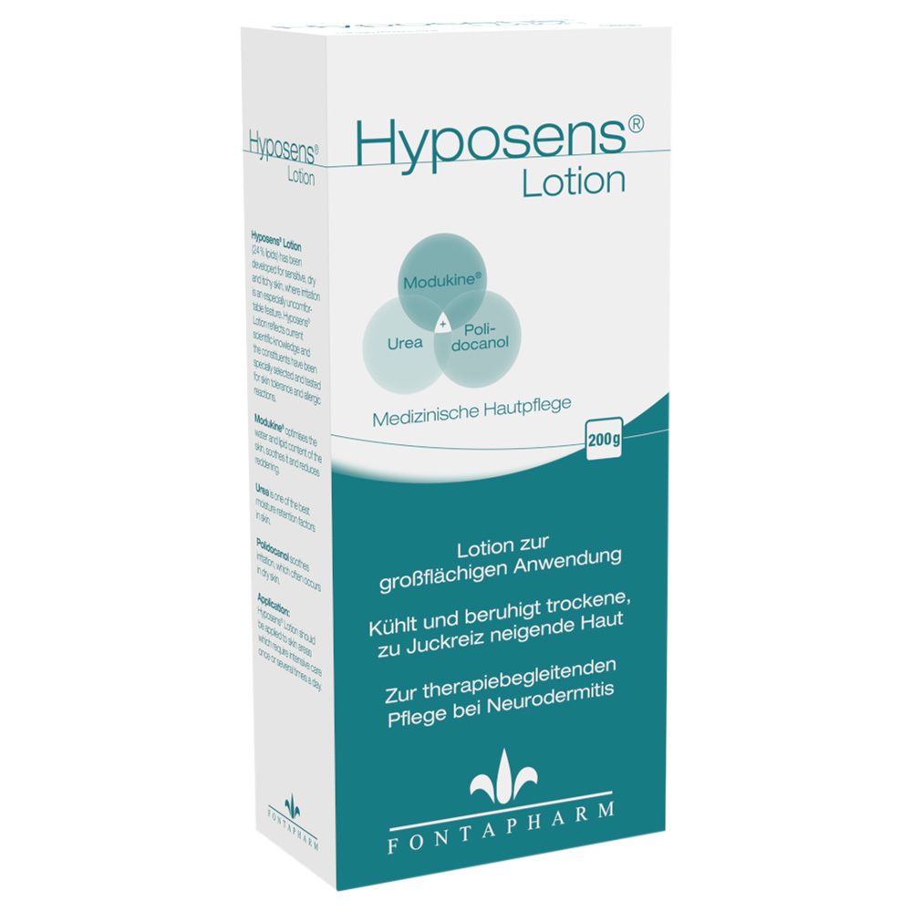 Hyposens® Lotion, 200g, emballage blanc. Texte: Soin de la peau, lotion pour application étendue.