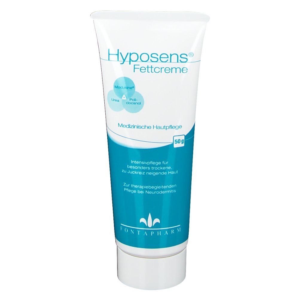 Tube de crème Hyposens® Fettcreme. Tube blanc avec étiquette bleue. Contient 50g. Soin médical de la peau.