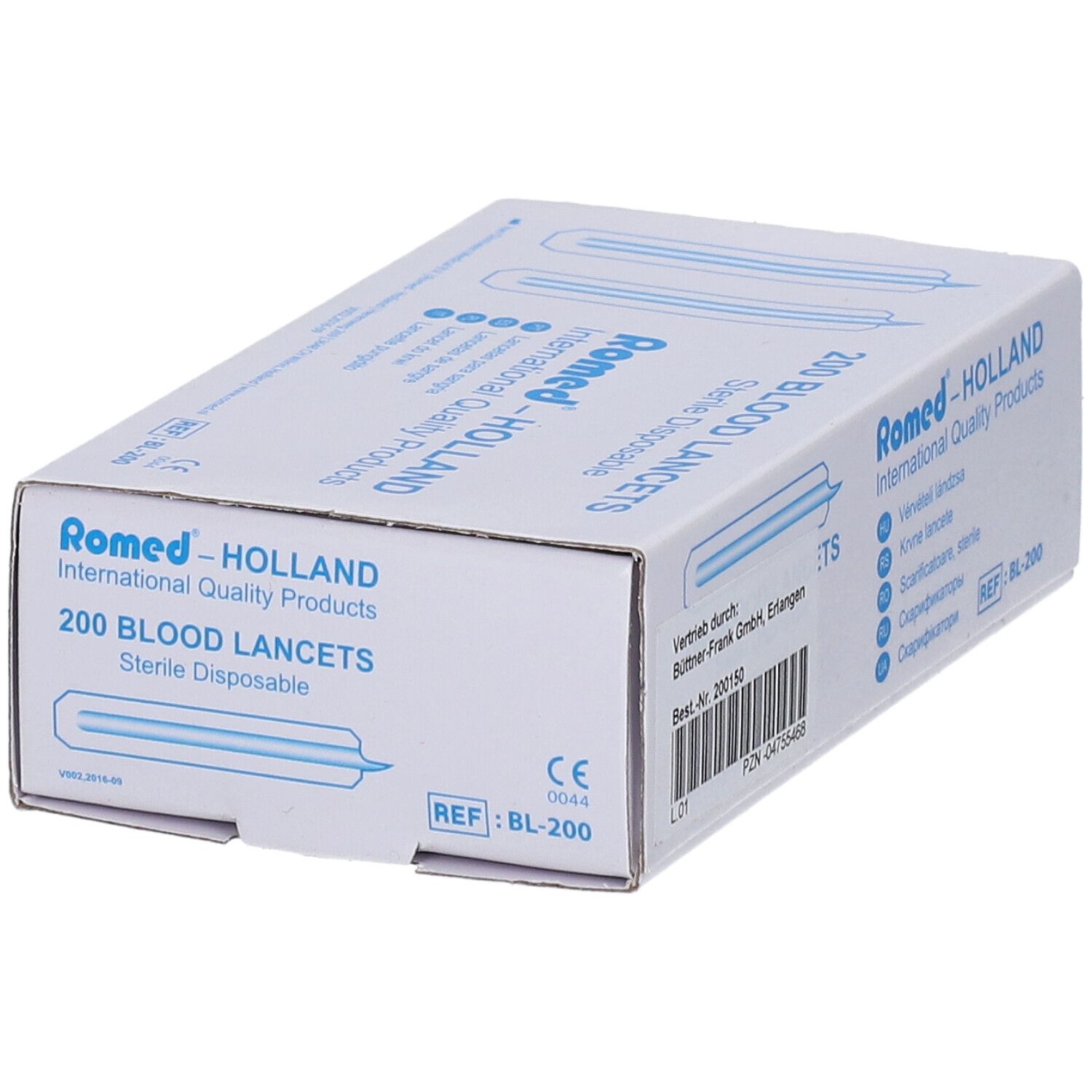 Doos met 200 steriele wegwerplancetten van Romed-Holland.