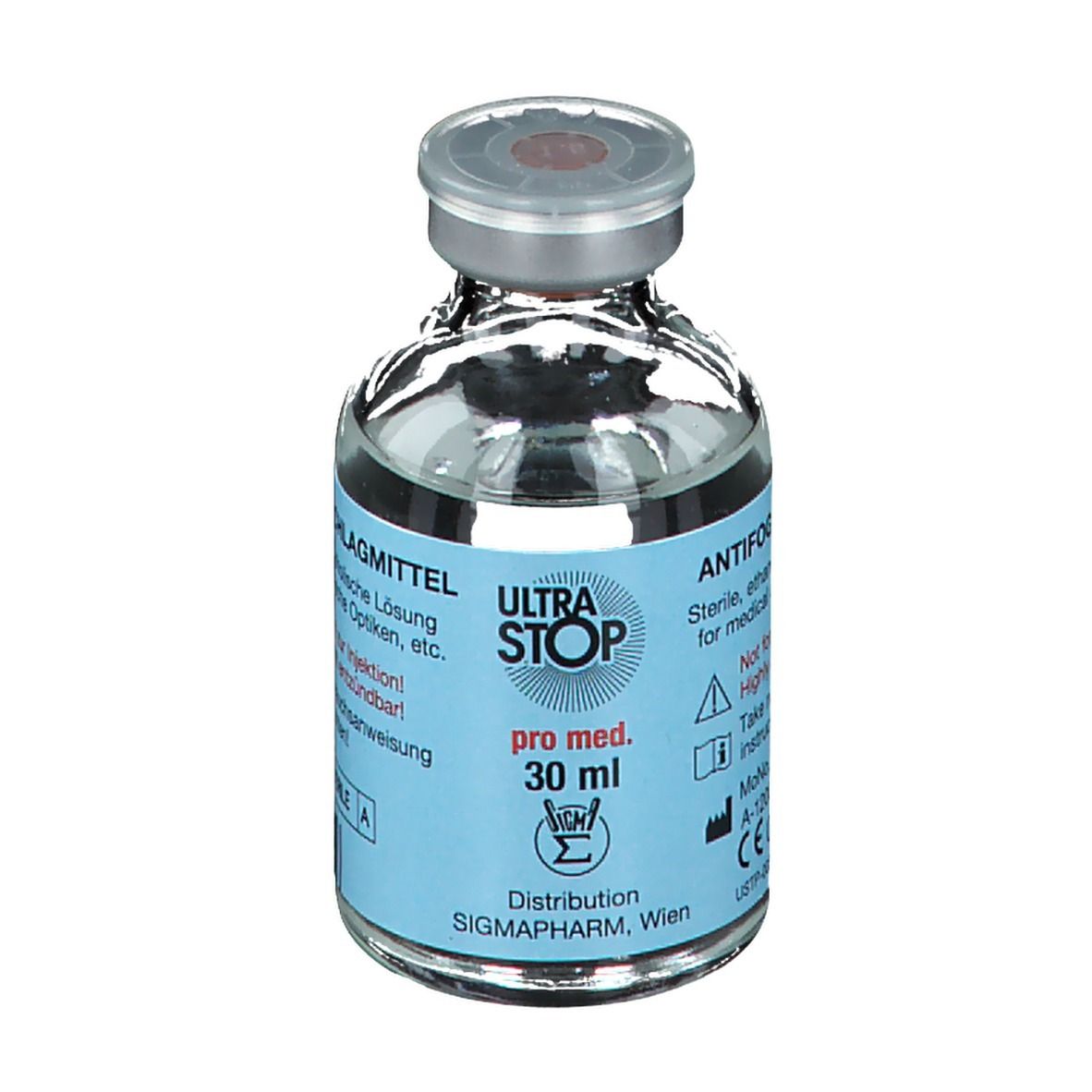 Glazen flesje met heldere vloeistof, etiket "ULTRA STOP pro med. 30 ml" en "SIGMAPHARM, Wien".