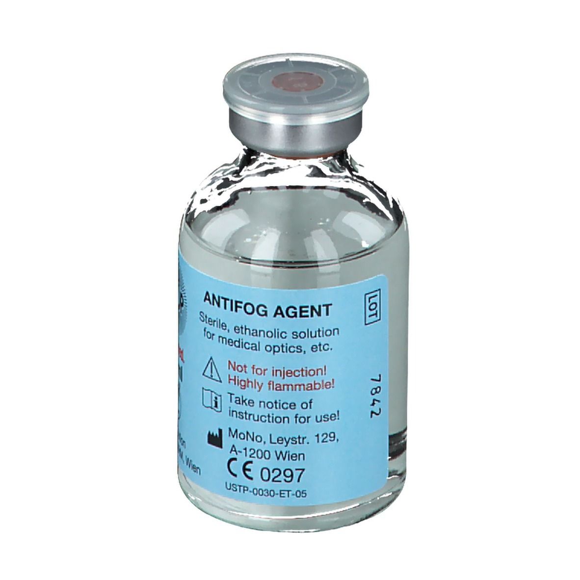 Glazen fles met anticondsmiddel, steriele ethanol. oplossing voor medische optiek. Niet voor injectie.
