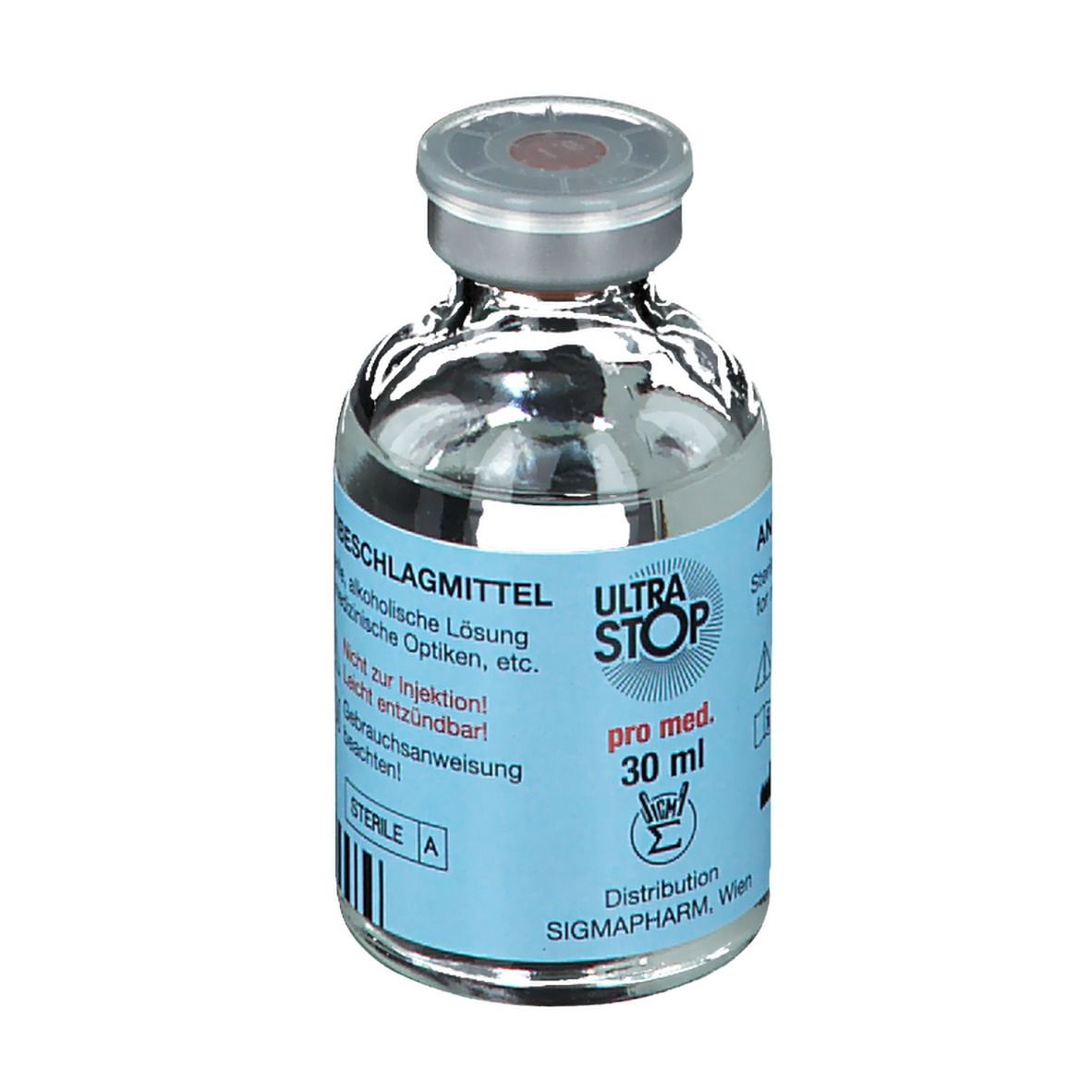 ULTRA STOP pro med. 30 ml flesje met heldere vloeistof. Anti-condensmiddel, alcoholische oplossing.