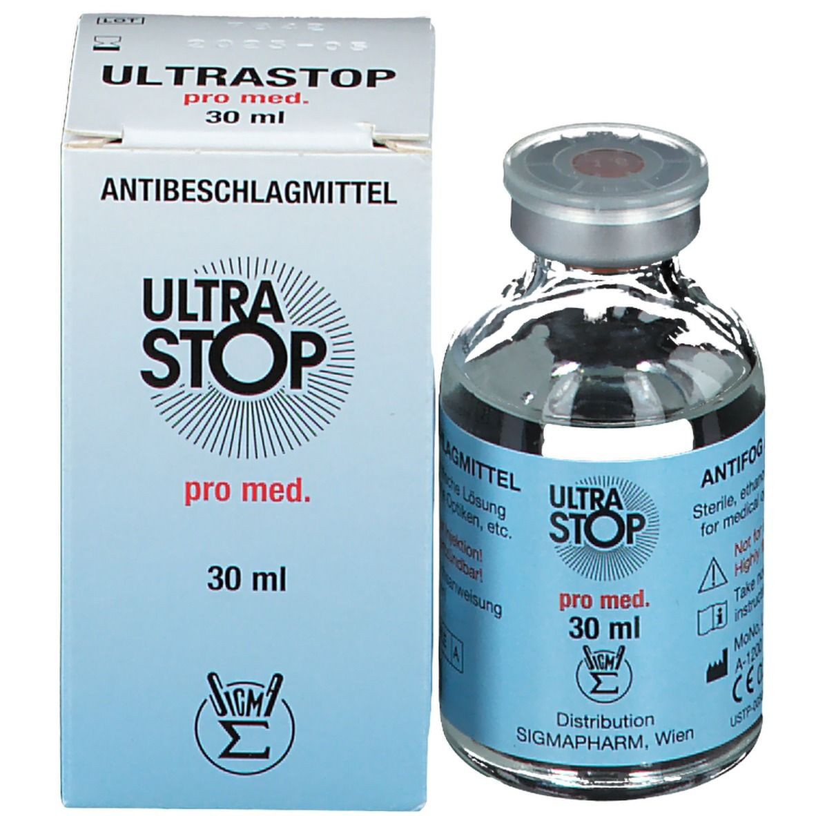 ULTRSTOP pro med. Anti-condensmiddel in 30 ml glazen fles met kartonnen verpakking.