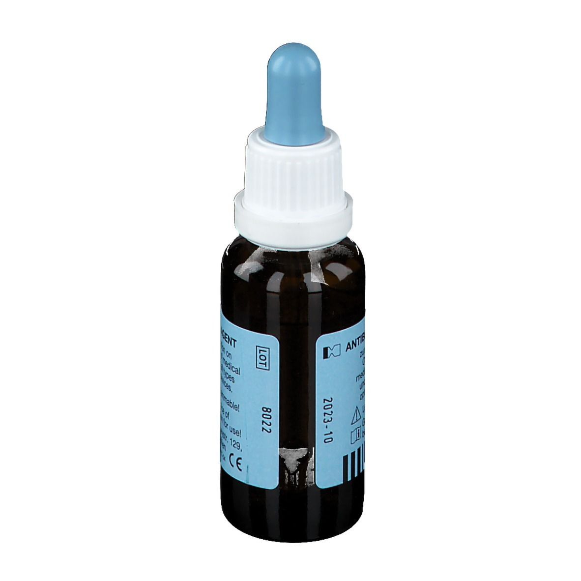 Bruine glazen fles met druppelaar, gevuld met anti-condensmiddel.