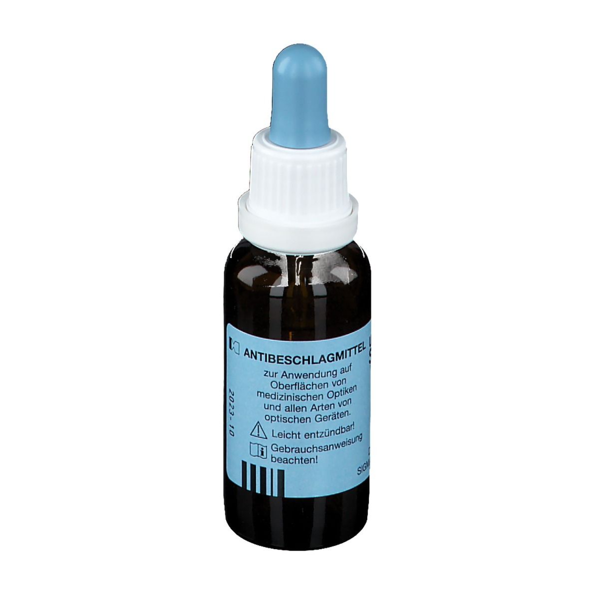 Bruine glazen fles met druppelaar, gevuld met anti-condensmiddel, 25 ml.