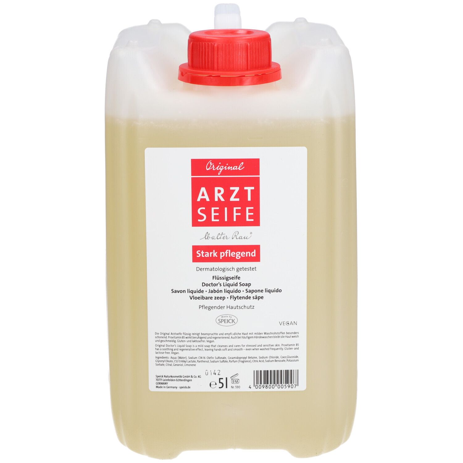Grote jerrycan met dokterzeep, 5 liter, met rode schroefdop.