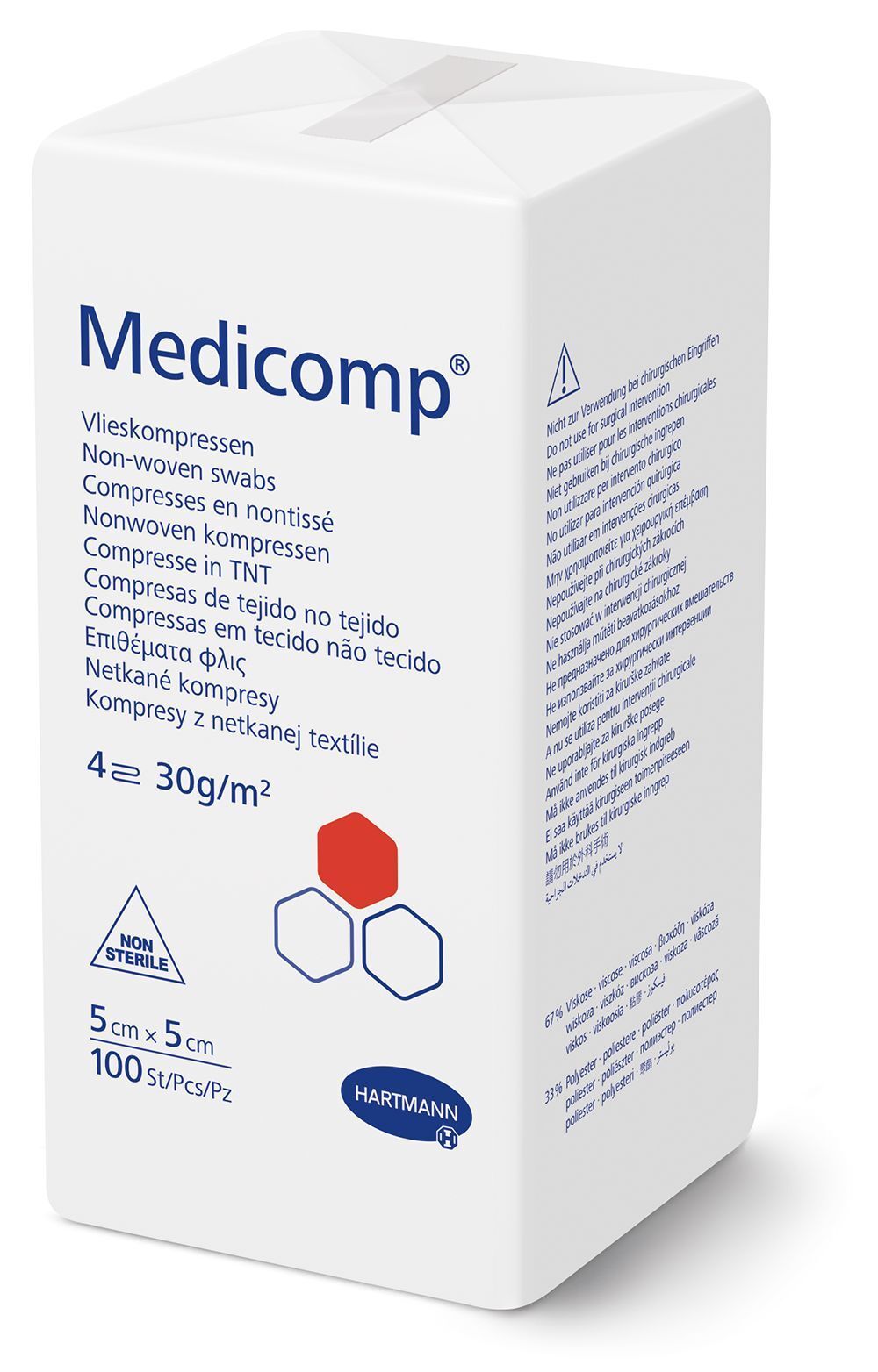 Verpakking Hartmann Medicomp non-woven kompressen. Vierkante kompressen, 5x5 cm, 100 stuks. Niet steriel.