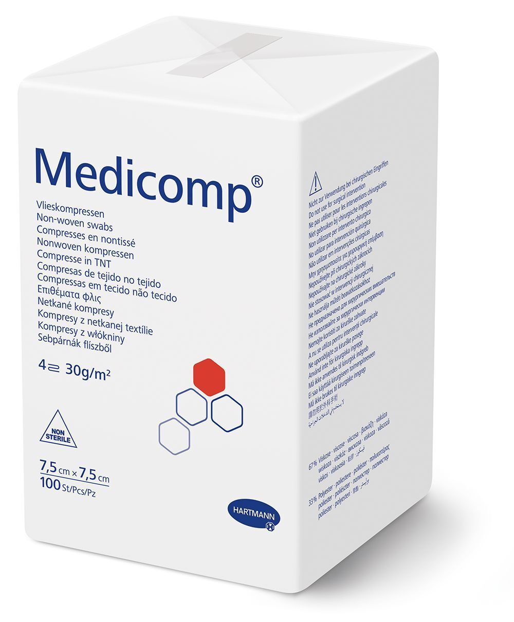 Emballage de compresses non tissées Medicomp®. Compresses carrées blanches, 7,5x7,5 cm. 100 pièces par paquet. Logo Hartmann.
