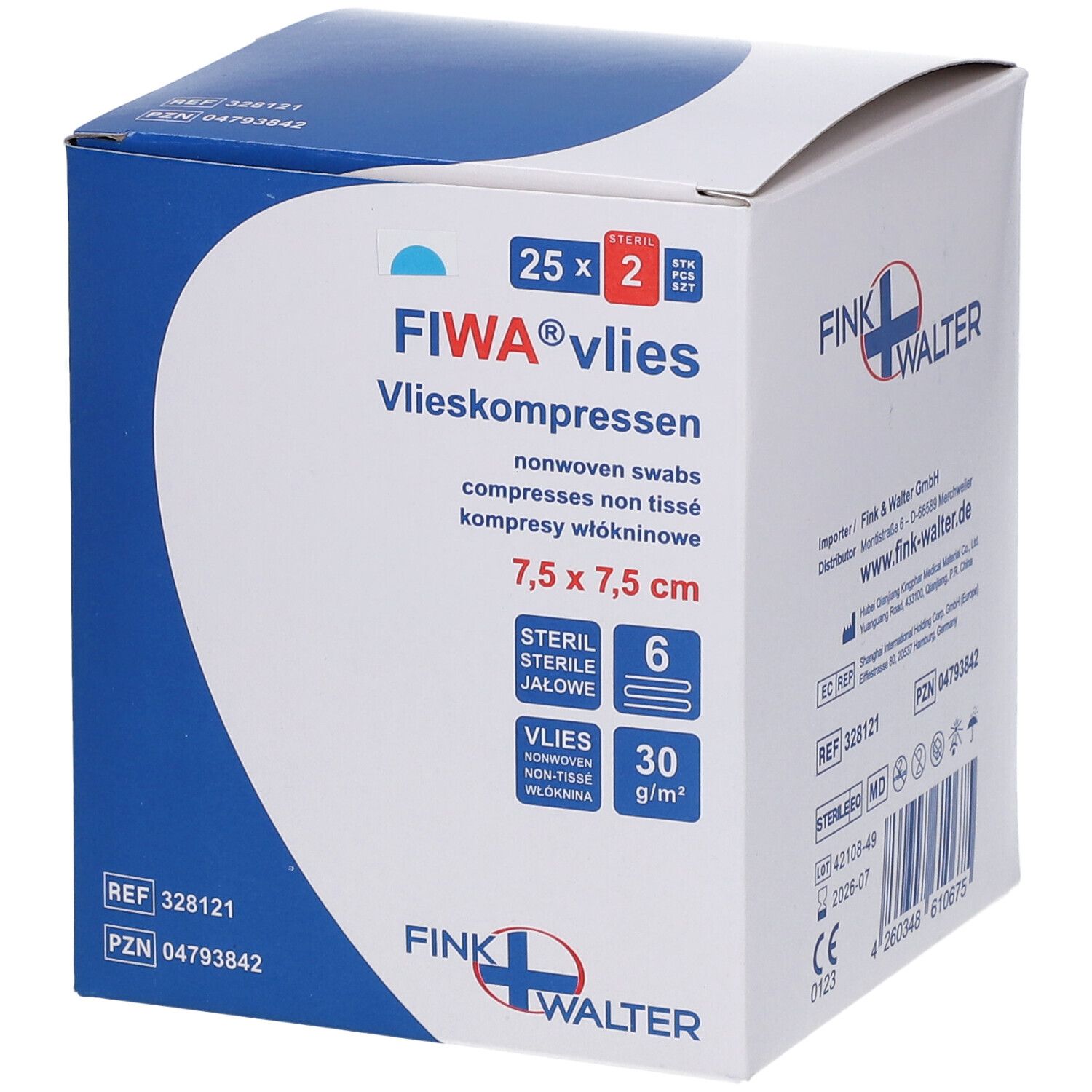 FIWA non-woven swabs, 7,5x7,5 cm, steriel, 50 stuks.